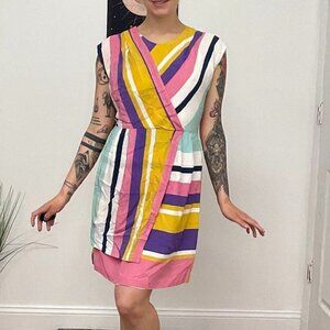 Slate & Willow Combo Striped Faux Wrap Dress Cap Sleeve Size 8 Pink/Yellow